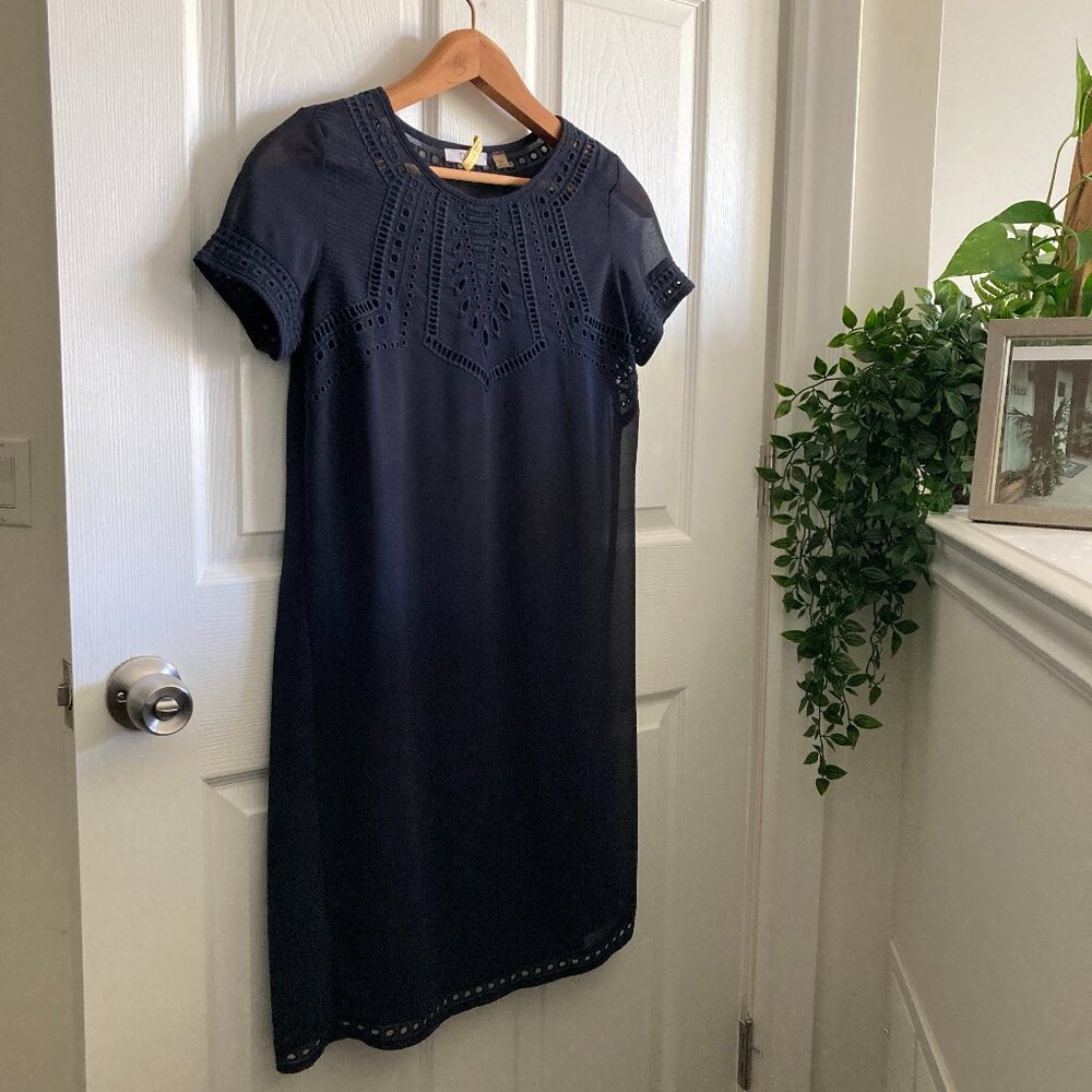 DEX Shift Dress Satin Slip - Navy Blue Sheer